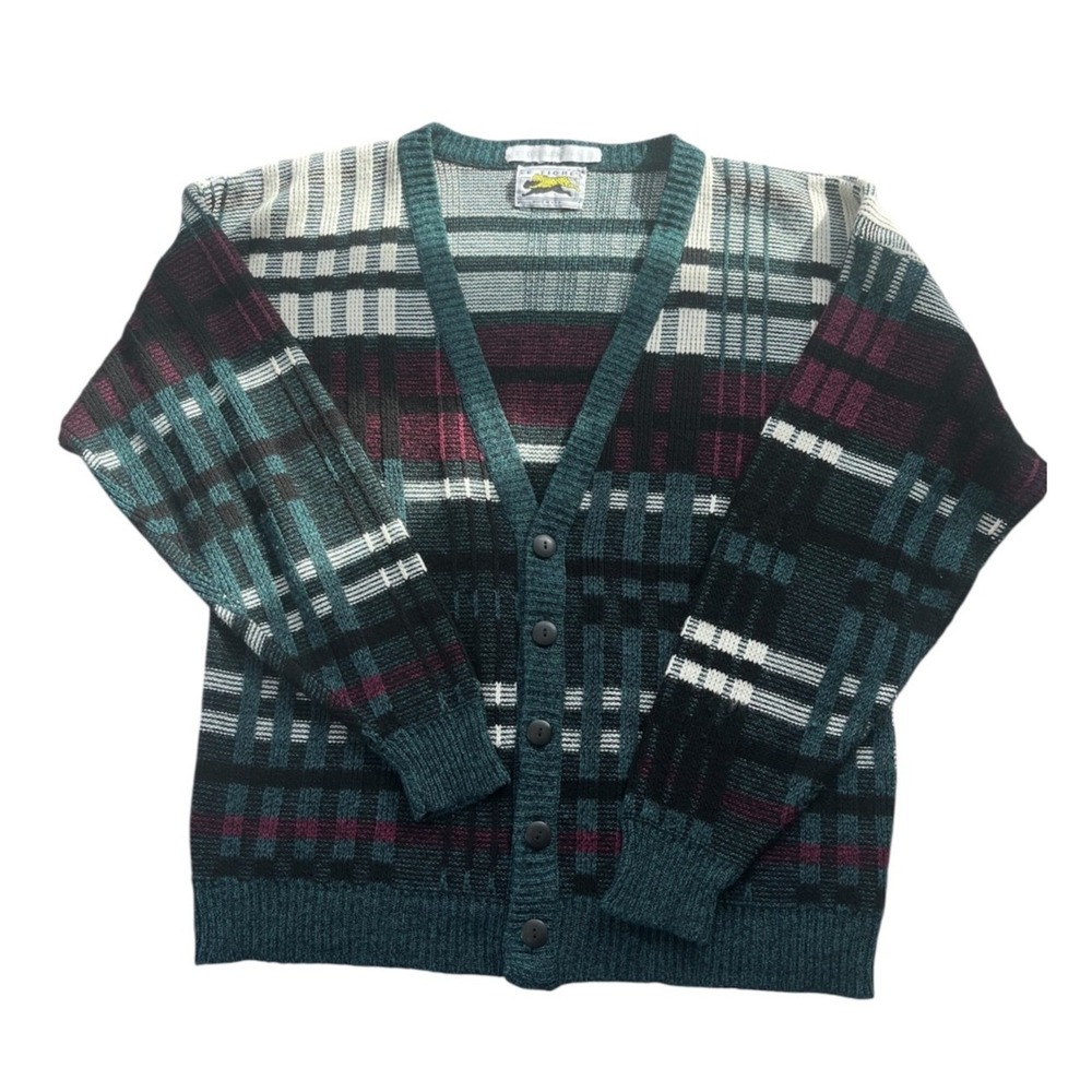 VTG Le Tigre V-Neck Cardigan Sweater‎ Mens sz M Green 80's 90's Made in USA Prep